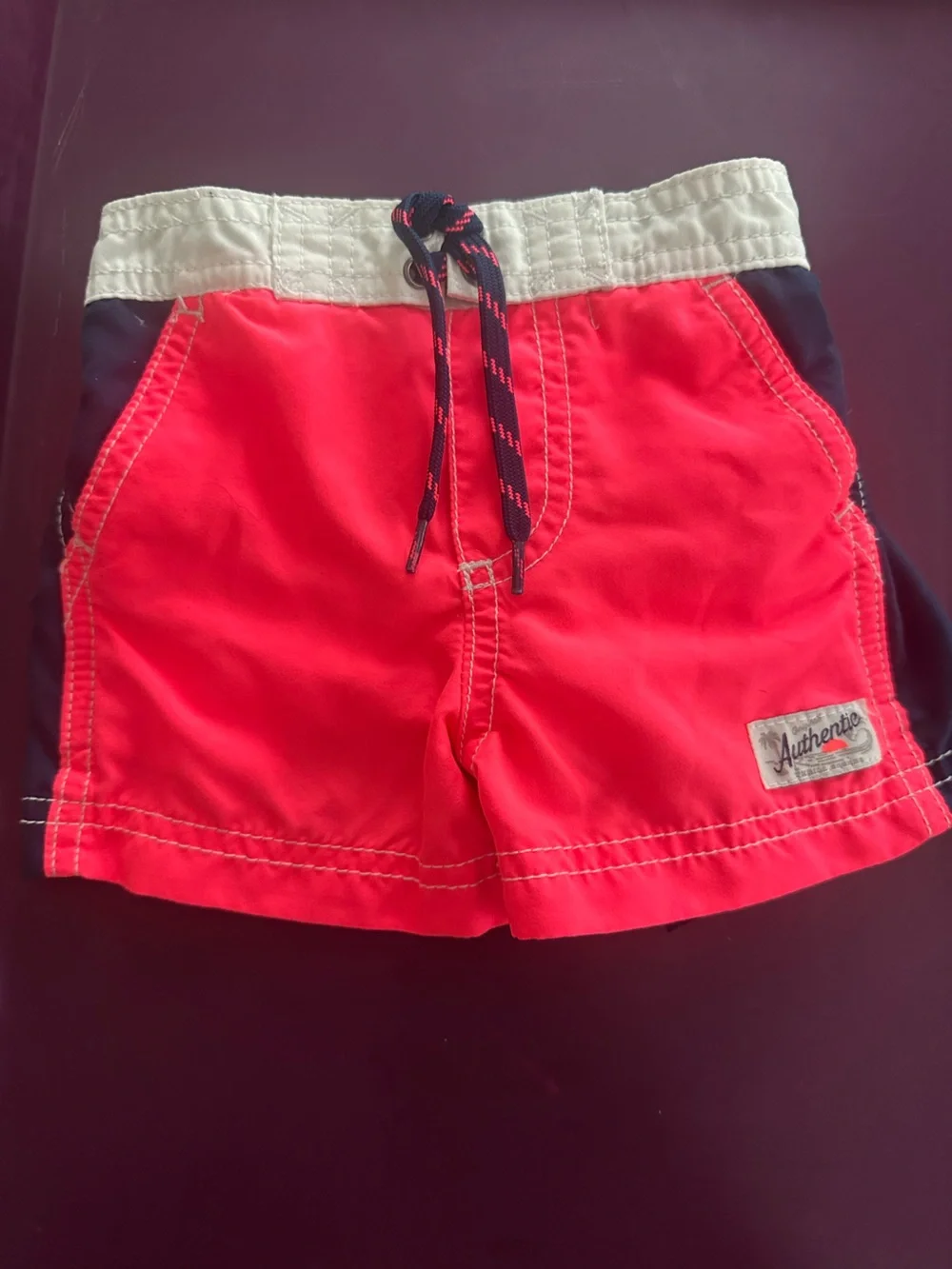 Carter's Bright Coral/White Swim Shorts with Navy Drawstring